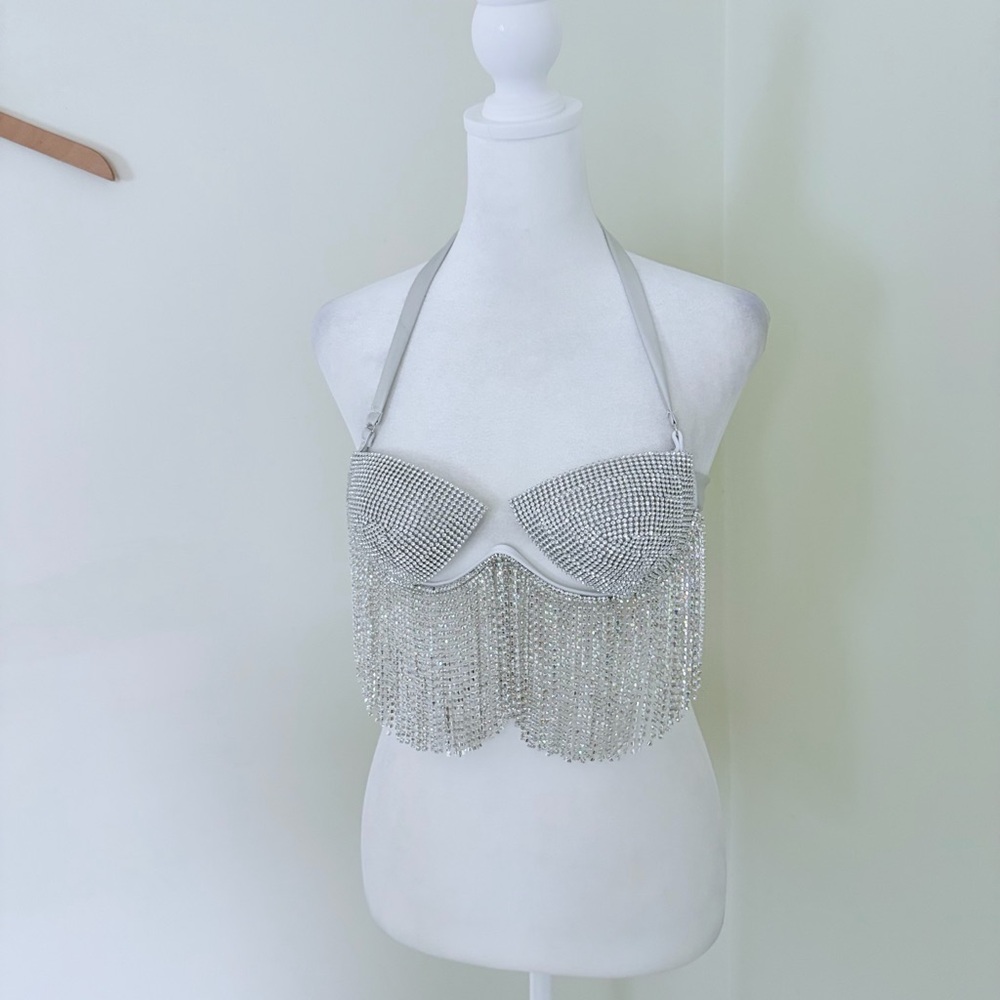 Silver Rhinestone Fringe Halter Bralette